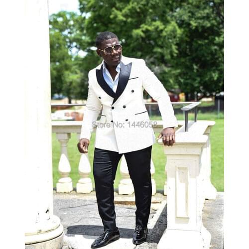 2019 Latest Coat Pant Designs Men Suits Groomsmen Peaked Lapel Groom Prom Tuxedo Dress White Blazer Double Breasted Wedding Suit