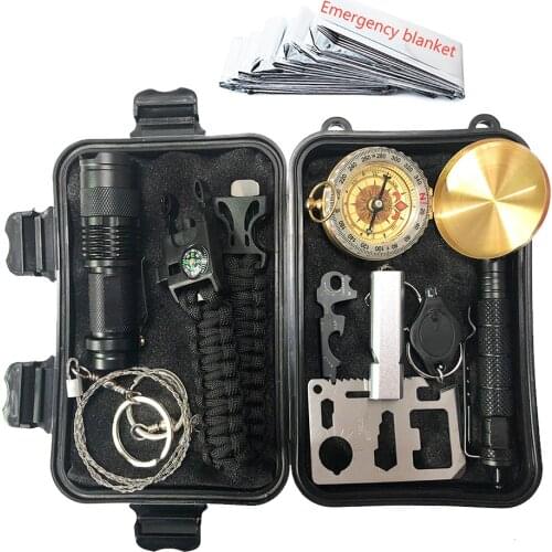 Hunting Emergency Survival Kit SOS Multifunction EDC Survival Gear Outdoor Camping Hiking First aid Kit with Emergency Blanket