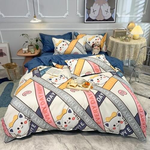 Simplicity Bedding Set Cat Letter Collision Pattern Duvet Cover Cartoons Bed Sheet Pillowcase King Size 220x240 Family Bedroom