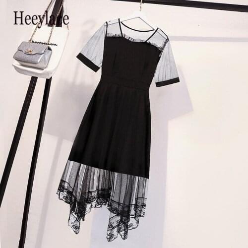 Plus size office ladies dress Summer mesh patchwork irregular lace dresses women mesh short sleeve black party dresses 5XL robe