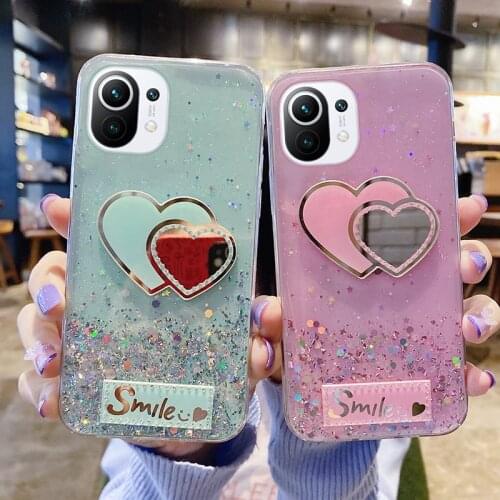 Luxury Cute Bling Glitter Silicone Phone Case For Xiaomi Mi 11 10 9 T Lite Redmi Note 9 8 7 Ultra-thin Heart-shaped Mirror Cover