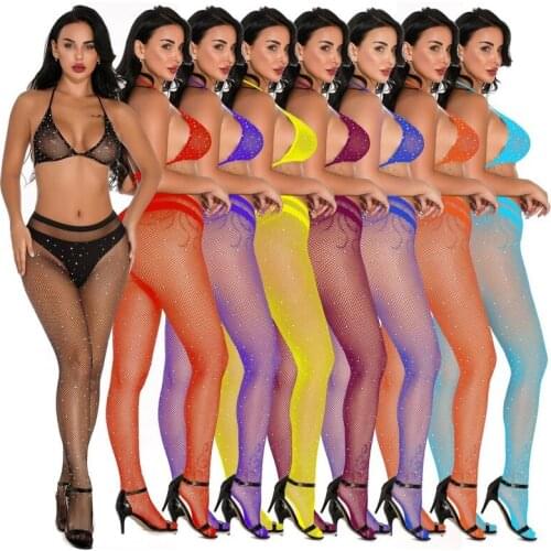 Sexy Women Pantyhose Shiny Fishnet Stocking Female Slim Hollow Mesh Diamonds Plaid Tights Multicolor Crystal Mesh Stockings
