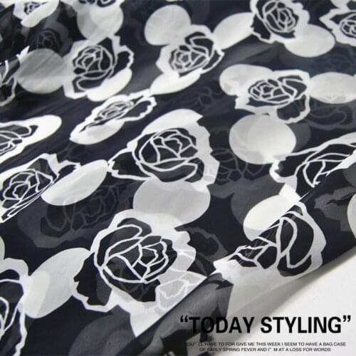 LEO&LIN Black white Rose flower Large Wide Silk Georgette Chiffon Clothing Fabric DIY Patchs Sewing