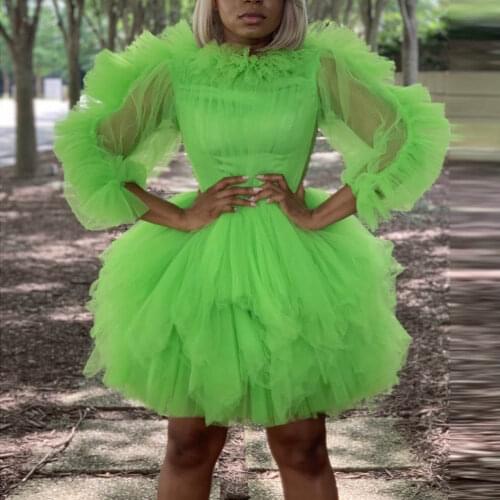 Chic Short Dress Puffy Tulle Draped Orchid Prom Gowns Formal Dresses Long Sleeve Ruffled Tulle Cocktail Vestidos платье