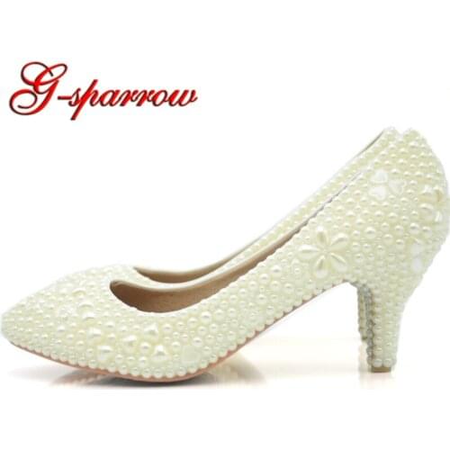 Ivory Pearl Med Heel Wedding Shoes Fashion Handmade Pointed Toe Bridal Dress Shoes Matching Wedding Dress Kitten Heel Shoes