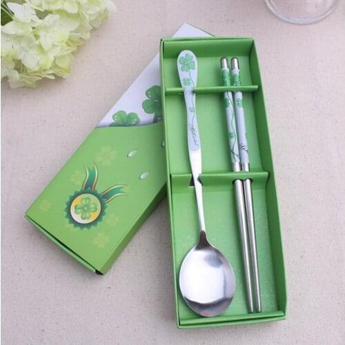 Spring Wedding Favors Stainless Steel Dinner Set in Green Gift Box Chopsticks&Spoon Kitchen Supplies