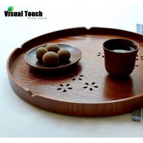 Visual Touch Wood Sakura Carving Hollow Serving Trays Bed Plate Platters Breakfast Dinnerware Tea Cup Wedding Party