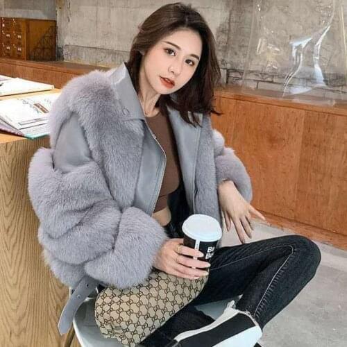 Women Winter 2021 Fashion Faux Fox Fur Coats Female Motorcycle PU Leather Jackets Ladies Turn Down Collar Warm Outwear R365