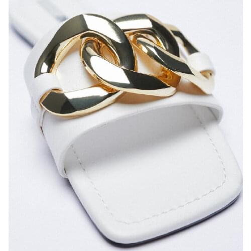 ZAR Slippers Women Summer Luxury 2021 New White Square Toe Metal Chain Flat Sandals Brand Woman Beach Shoes Plus Size 41 Femme