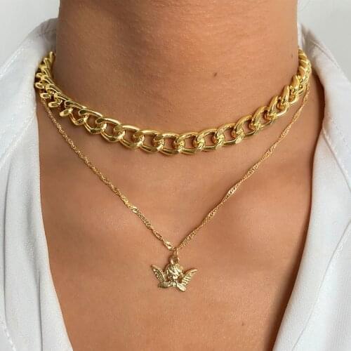 Womens Angel Pendant Big Thick Chain Necklace For Women Gold Exaggerated Chain Choker Geometric Round Necklaces Jewelry