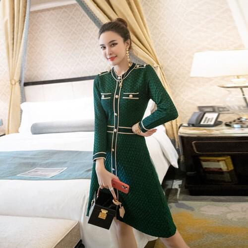 Womens Spring And Autumn Waist Slimming A-Line Fashion Base Ladies Knitted Dress O-Neck England Style