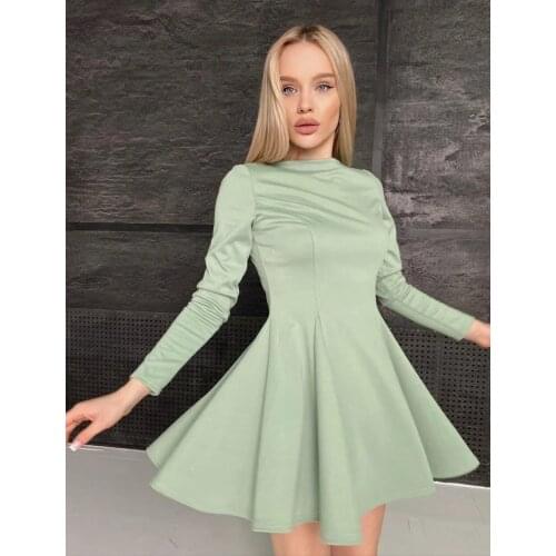 Women Vintage Green Collar All-match A-line Dress Long Sleeve O neck Solid Elegant Casual Mini Dress 2021 Autumn Fashion Dress