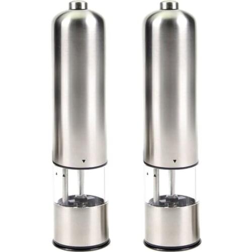2Pcs Electric Stainless Steel Salt Mill Pepper Mill Spice Mill Silver with Lamp
