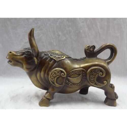 Bi002101 9" China Bronze Coin Wealth YuanBao FengShui RuYi Strong Bull Ox Statue Figurine