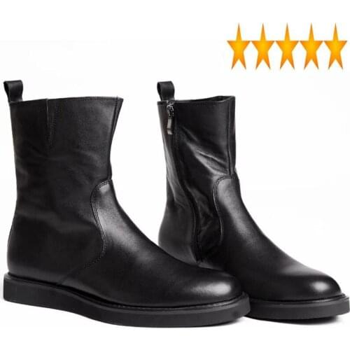 Mid Italian Punk Brand Mens Calf Luxury Genuine Leather Boots Fashion Rock Platform Flats Motor Biker Male Shoes