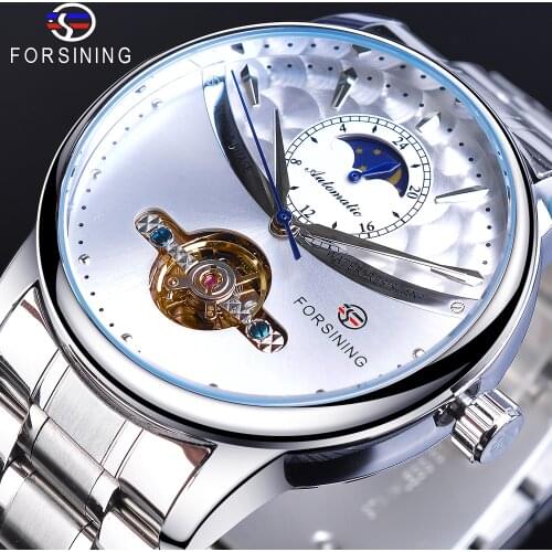 Forsining Men Automatic Watches Silver White Brand Tourbillon Moon Phase Stainless Steel Mechanical Wristwatch Relogio Masculino