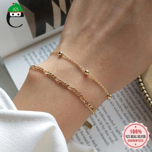 ElfoPlataSi Real 925 Sterling Silver Fashion Sweet Gold Beads Chain Bracelet For Women Wedding Fine S925 Jewelry Gift DA1785