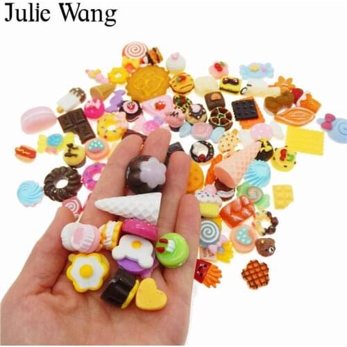 Julie Wang 100PCS Mixed Resin Cake Bread Candy Icecream Lollipops Cabochon Slime Charm Decoration DecorJewelry Making Accessory