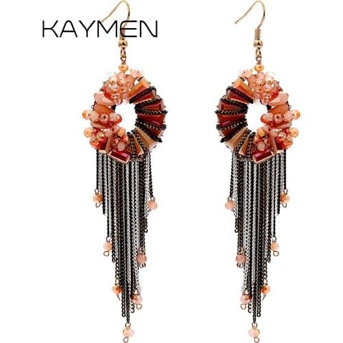 KAYMEN Unique Design Handmade Crystal Tassels Earrings for Women Golden Plated Fashion Weaving Drop Dangle Earrings EA-04148
