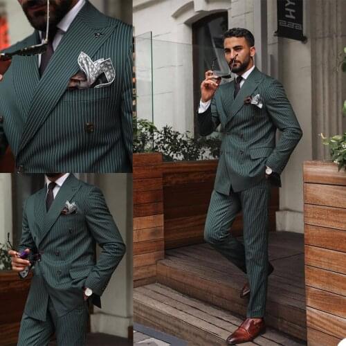 Handsome Smart Casual Mens Suits Stripe Mens Blazer Slim Fit Wedding Male Groom Prom Business Tuxedos (Jacket+Pants)