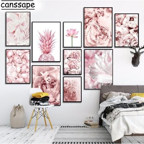 Pineapple Canvas Painting Pink Flowers Wall Art Print Lotus Poster Peony Posters Nordic Wall Pictures For Living Room Decoration