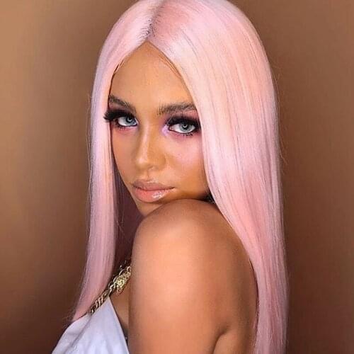 Pink Hair 180% Density HD Lace Human Hair Wig Lolita Cosplay Pink Straight Colored Wig Natural Lace Part Wigs For Black Women