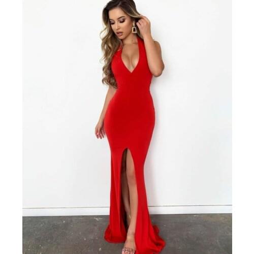 Sexy Long Red Straps Evening Dresses with Slit Mermaid Zipper Back Satin Abendkleider Robes De Soirée for Women