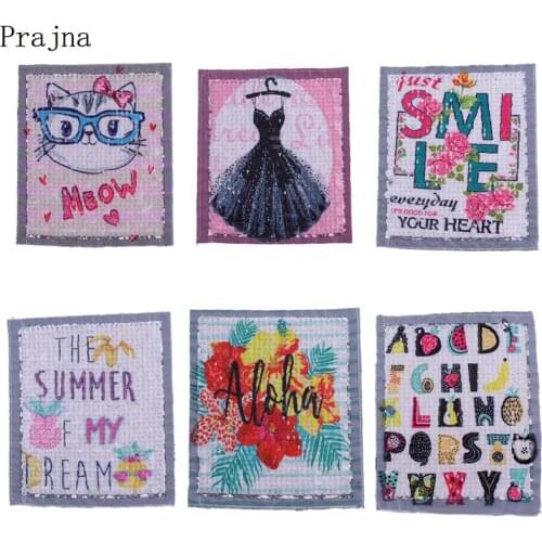 Prajna Cat Letter Sequin Patch Cartoon Fashion Patches Sew On Embroidered Patches Repair Kids Clothes Christmas Decor Sticker