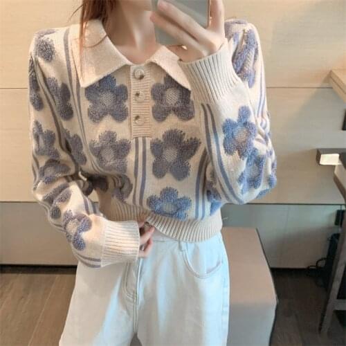 Cute Girls Rainbow 2021 Pullovers Women Autumn Polo Neck Skinny Sweater Tops Harajuku Sweet Flower Embroidery Jumpers