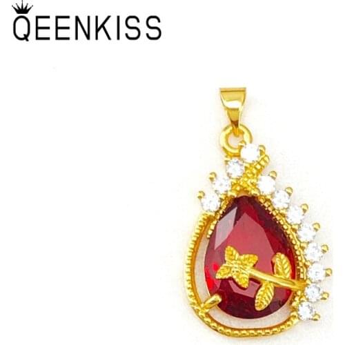 QEENKISS PT529 Fine Jewelry Wholesale Fashion Woman Girl Birthday Wedding Gift Water Drop Zircon 24KT Gold Pendant Charm NOCHAIN