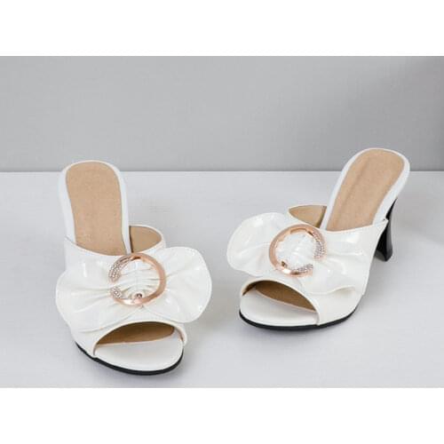 Ochanmeb Shiny Patent Leather Mules Women Summer Slippers High Heels Rhinestone Metal Bow Open Toe Sandals Woman Plus Size 49 50