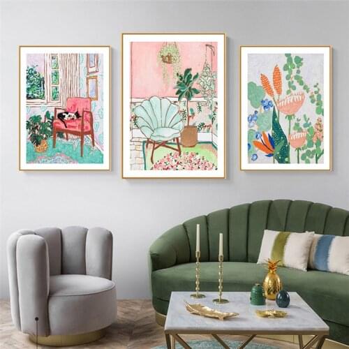 Modern Nordic Hand Painted Watercolor Flower Plant Cat Art Poster Wall Paintings Simple Dining Room Decoration Room Decor