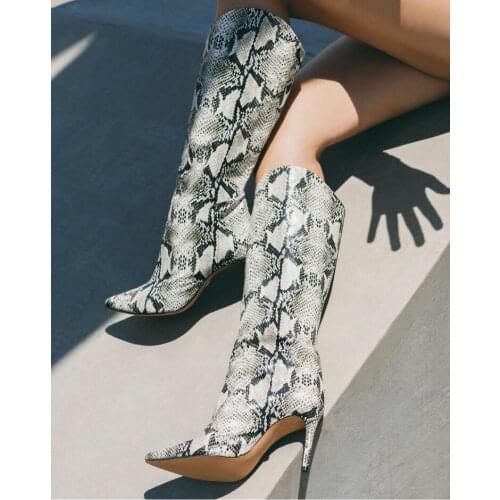 Stylish Python Print Leather Knee High Boots Black Red White Snake Stiletto Heels Fall Winter Long Boots Pointed Toe Dress Shoes