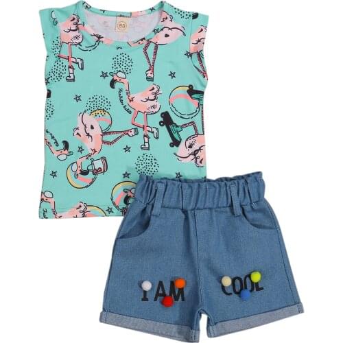 Infant Kids Baby Girl Tops Shorts Suit Flamingo Printed Cartoon Sleeveless Vest Denim Curly Edge Loose Pants