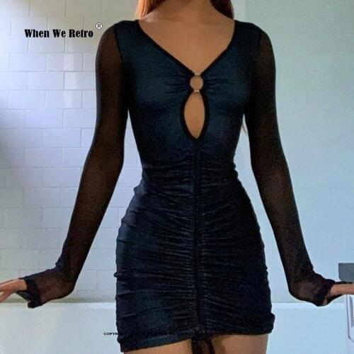 Y2k Gothic Mesh Black Bodycon Mini Dresses E-Girl Grunge Long Sleeve Pencil Women Dress Drawstring Sexy Partywear 2021 VD2164