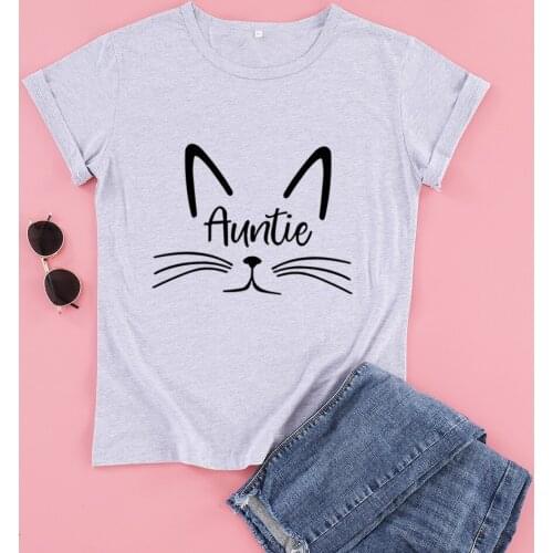 Auntie Cat Funny Fashion Korean Women T-shirt Cotton Plus Size Female Clothing O Neck Shirt Streetwear Short Sleeve Top Tees