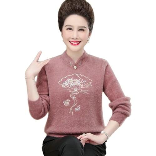 Mothers Sweater Autumn Winter Mink Cashmere Sweaters And Pullovers Sweater Long Sleeve Elegant Middle Aged Womens Knit Tops