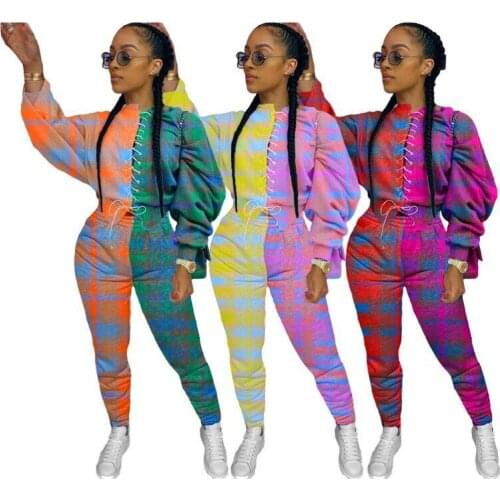 Plaid Printed Plus Size Two Piece Sets Long Sleeve Stitching Top + Long Pants Women Casual Sportwear Fall Autumn Club Outfit