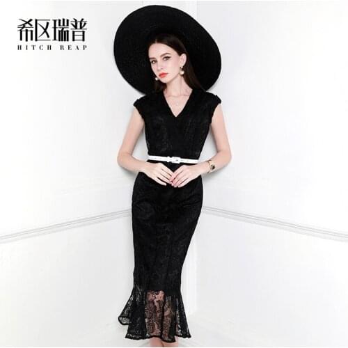 High End Celebrity Black Lace Fishtail Skirt 2021 Summer V-Neck Dress Temperament Slim Dress Girl