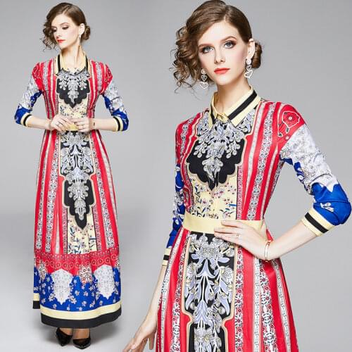 New Arrival Spring Summer Fall Runway Vintage Floral Print Collar Long Sleeve Women Ladies Party Casual A-Line Maxi Beach Dress