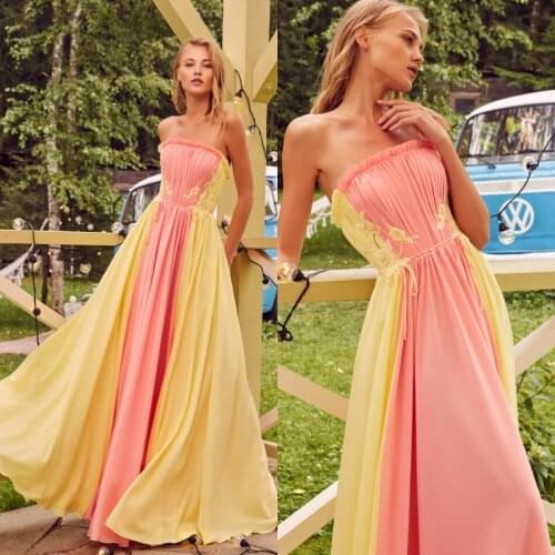 2020 Evening Dresses Strapless Lace Ruffle Splice Sleeveless Prom Gowns Backless Floor Length A Line Special Occasion Dress