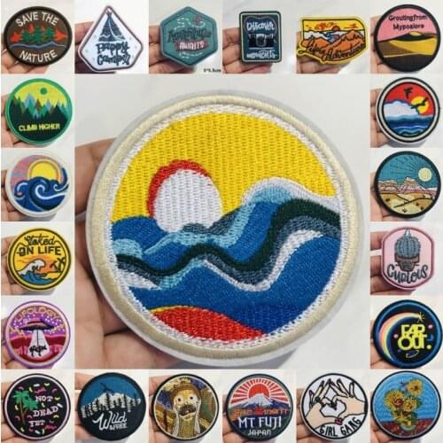 1Pcs Mountain Wave Stripes Tree Embroidery Patches for Clothing Camp Iron On Patch Punk DIY Applique Clothes Stickers