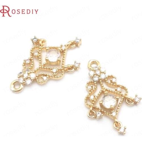 40662)6PCS 24K Champagne Gold Color Brass and Zircon Earrings Connect Charms Pendants Jewelry Making Supplies Diy Accessories