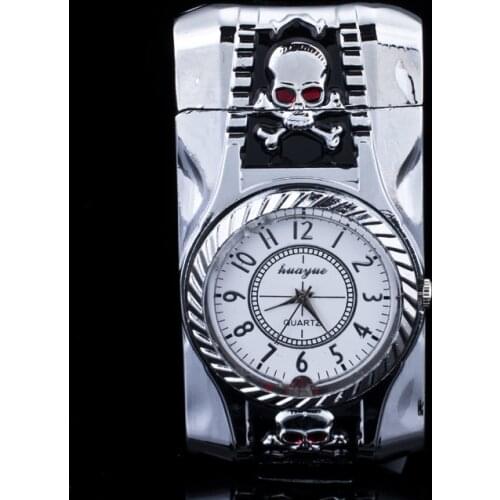 Skull modeling Lighter Clock Watch Quartz Lighter Gas Compact Butane Jet Torch Cigarette Cigar Straight Fire Lighter Men Gift