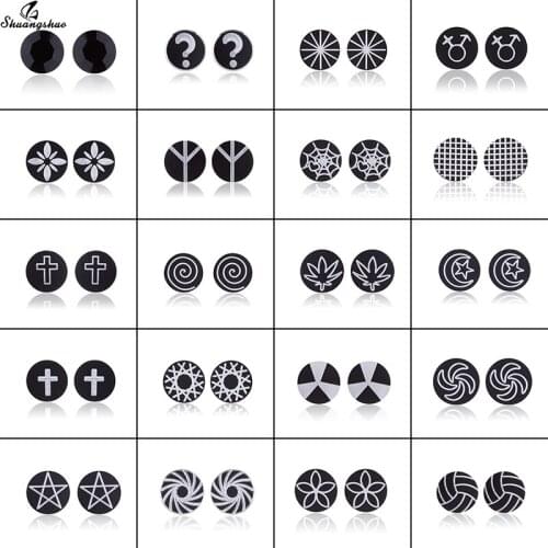 Shuangshuo Black Stainless Steel Earring Small Round Stud Earrings for Women Men Punk Rock Fashion Jewelry Gift for Best Friend