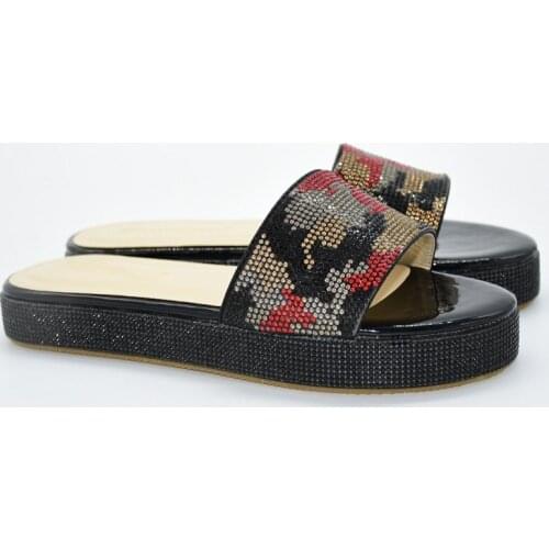 Black Womens Slippers African Medium Heel Shoes With Rhinestones 222-4 Heel Height 3CM