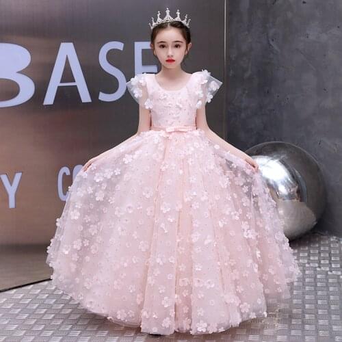 Korean Sweet Children Girls Elegant Pink color Flowers Birthday Wedding Party Princess Ball Gown Long Dress Kids Piano Dress