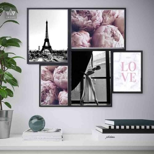 Paris Posters and Prints Peony Flower Ballerina Parisian Art Canvas Painting Marbling Love Quote Wall Pictures for Living Room