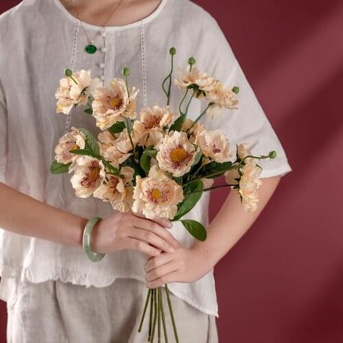 Artificial Flowers Vintage Chrysanthemum Bouquet Hydrangea Peony Vintage Bride Holding Fake Flowers Home Wedding Decoration