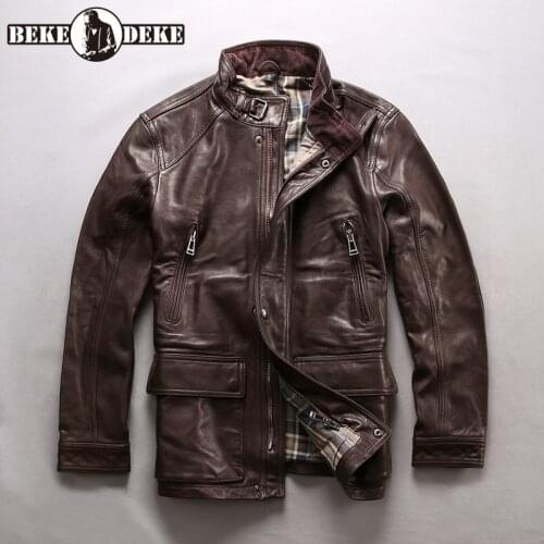 Italy Casual Sheepskin Coat Men Luxury Vintage Work 100% Real Leather Jacket Streetwear Stand Collar Zipper Biker Jacket S-2XL